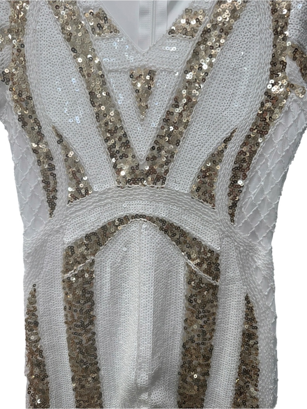 Lulus White & Gold Sequin Short Sleeve V-Neck Cocktail Dress. Size XS - Picture 3 of 9